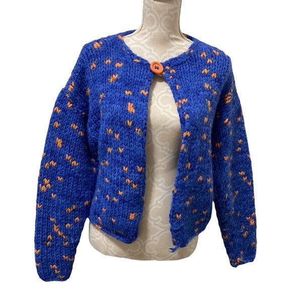 Sweaters - Hand crocheted knitted blue orange open wool thick cardigan Small Blue Orange